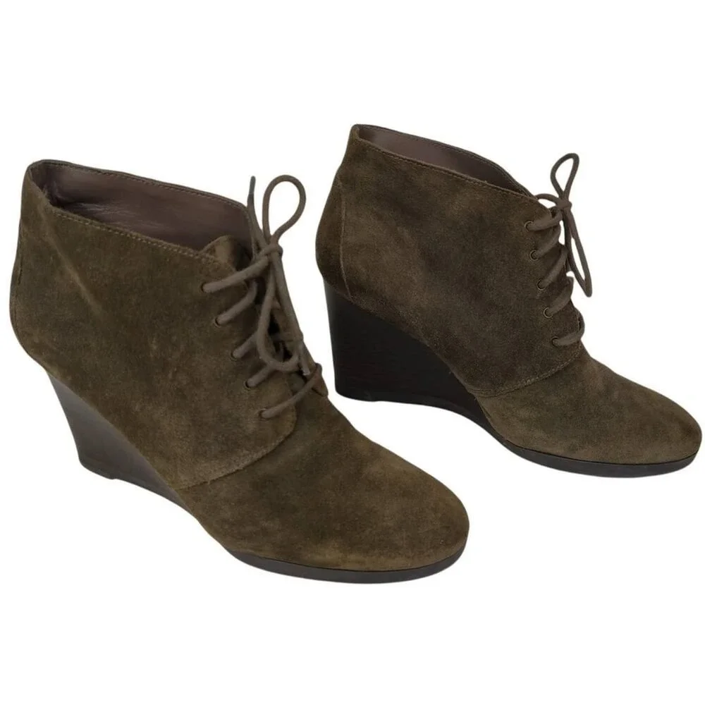 Franco Sarto Weston Ankle Booties Womens Sz 8.5 Brown Gray Suede‎ Lace Up Wedge